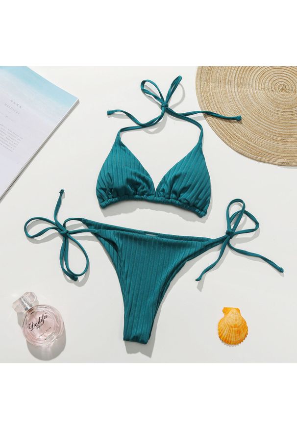 Intica - Bikini trójkątne prążkowane na plażę i basen Tovah. Kolor: zielony. Materiał: prążkowany