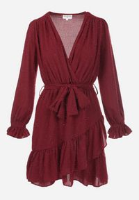 Born2be - Bordowa Sukienka Pronynome. Kolor: czerwony. Materiał: tkanina, guma. Wzór: aplikacja. Typ sukienki: kopertowe. Długość: mini #2