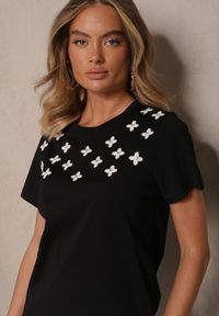 Renee - Czarna Bluzka z Bawełny z Cyrkoniami i Haftami Firene. Okazja: na co dzień. Kolor: czarny. Materiał: bawełna. Długość rękawa: krótki rękaw. Długość: krótkie. Wzór: haft. Styl: klasyczny, casual #3