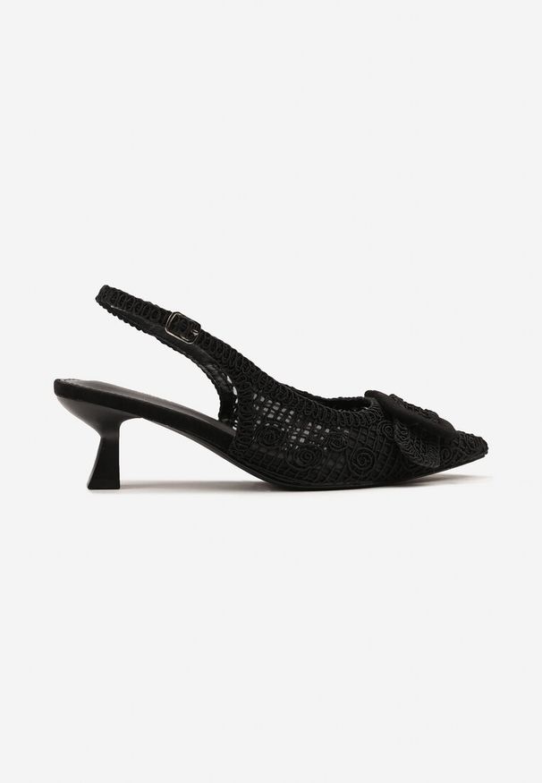 Renee - Czarne Sandały na Kaczuszce Typu Slingback Ozdobione Plecionką i Klamrą Elivrella. Zapięcie: klamry. Kolor: czarny. Wzór: aplikacja. Obcas: na szpilce. Styl: klasyczny, elegancki