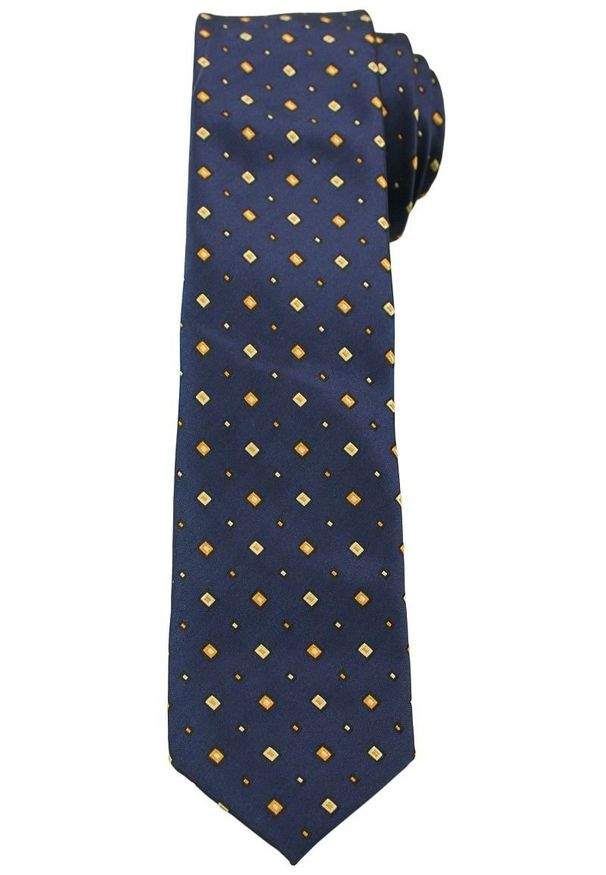 Ciemny Granatowy Elegancki Krawat -Angelo di Monti- 6 cm, Męski, w Pomarańczowo- Żółte Kwadraty. Kolor: złoty, niebieski, wielokolorowy, żółty. Wzór: geometria. Styl: elegancki