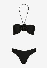 Born2be - Czarne Bikini Góra z Paskami na Szyję i Kwiatami 3D z Dodatkową Spódniczką Renzi. Kolor: czarny. Wzór: kwiaty #4
