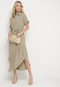 Born2be - Zielona Sukienka Wiskozowa o Luźnym Koszulowym Kroju Wiązana w Talii Rionella. Kolor: zielony. Materiał: wiskoza. Długość rękawa: krótki rękaw. Sezon: lato. Typ sukienki: koszulowe. Styl: klasyczny #3