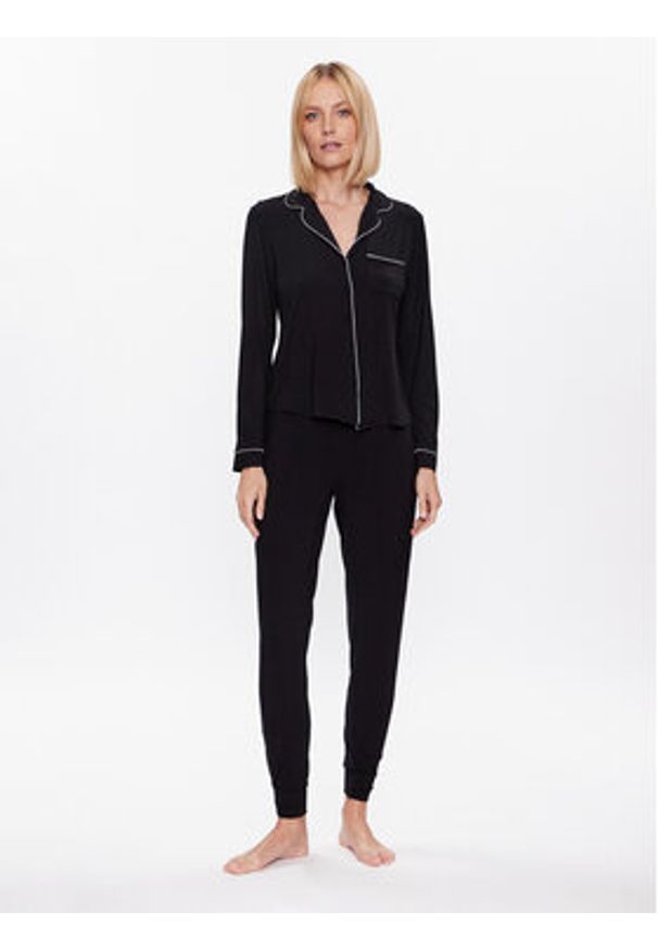 Hunkemöller Koszulka piżamowa Jacket 201739 Czarny Regular Fit. Kolor: czarny. Materiał: wiskoza