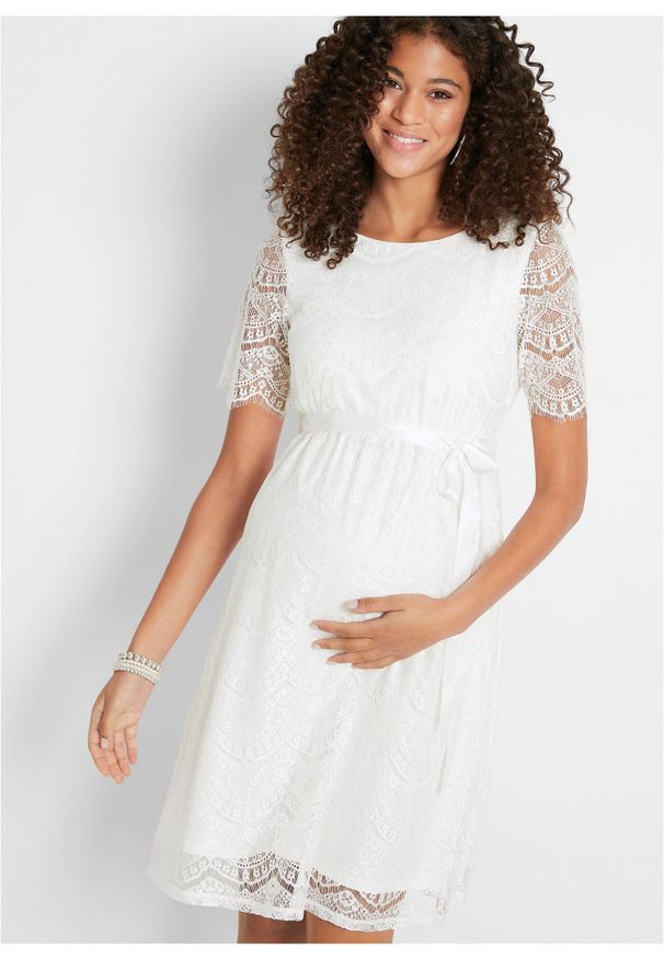 bonprix - Sukienka ślubna koronkowa 2 w 1, ciążowa i do karmienia piersią. Okazja: na ślub cywilny, na wesele. Kolekcja: moda ciążowa. Kolor: biały. Materiał: koronka. Wzór: koronka. Styl: elegancki