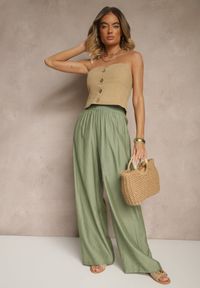 Renee - Zielone Spodnie Palazzo High Waist z Szeroką Nogawką i Gumką w Talii Jenarielis. Okazja: na co dzień. Stan: podwyższony. Kolor: zielony. Styl: casual #3