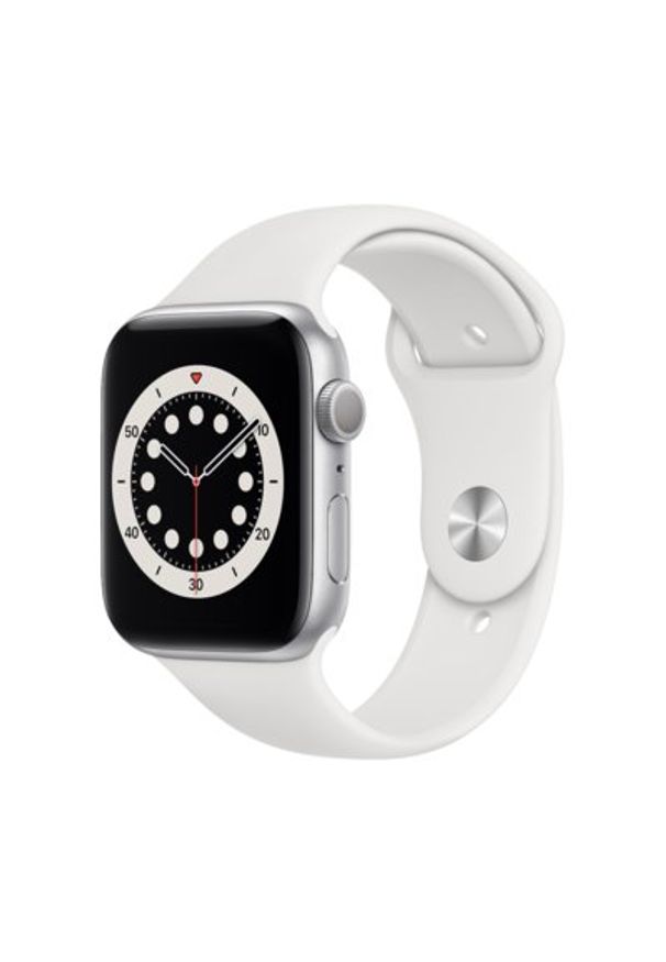 APPLE Watch 6 44mm (Srebrny z opaską sportową w kolorze białym). Rodzaj zegarka: smartwatch. Kolor: srebrny, wielokolorowy, biały. Materiał: poliester, nylon, guma, materiał. Styl: sportowy