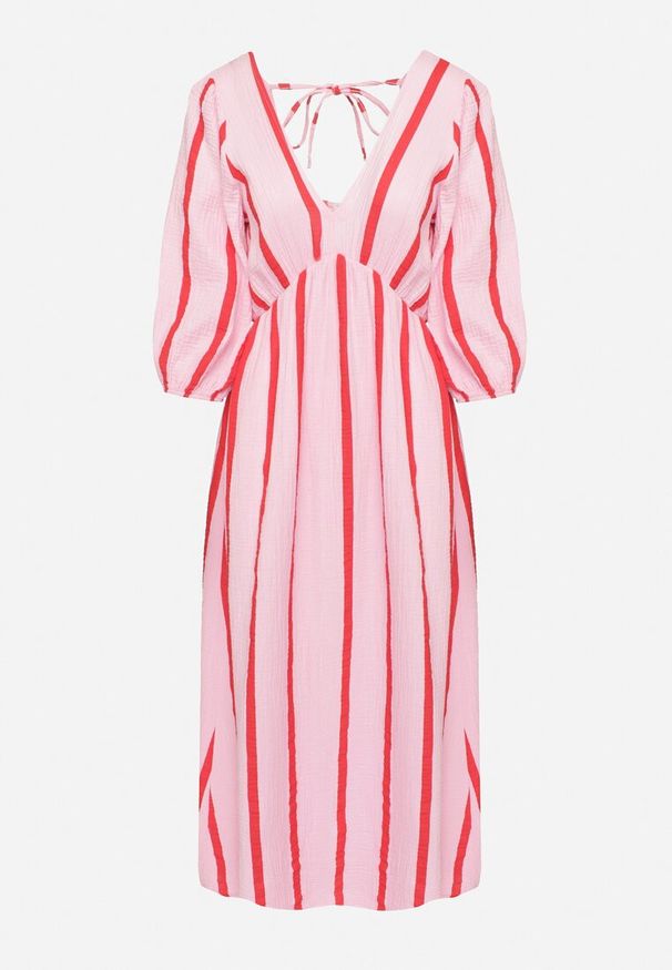 Born2be - Różowo-Pomarańczowa Taliowana Sukienka z Bawełny z Motywem Pasków Rivettes. Okazja: na co dzień, do pracy. Typ kołnierza: dekolt w kształcie V. Kolor: różowy. Materiał: bawełna. Wzór: aplikacja. Typ sukienki: proste. Styl: klasyczny, casual, elegancki