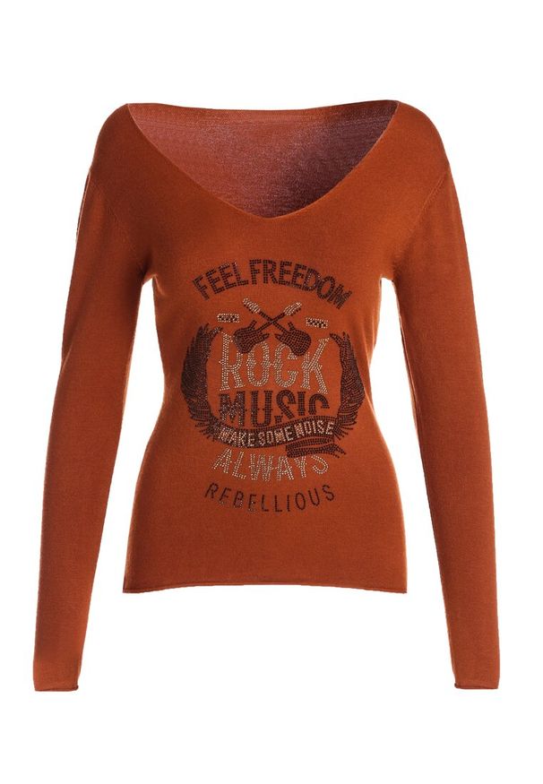 Born2be - Camelowy Sweter Bungala. Okazja: na co dzień. Typ kołnierza: dekolt w serek. Długość rękawa: długi rękaw. Długość: długie. Wzór: nadruk, aplikacja. Styl: casual, klasyczny