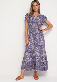 Born2be - Granatowa Rozkloszowana Kopertowa Sukienka z Bawełny o Wzorze Paisley z Gumką w Talii Zonne. Okazja: na co dzień. Typ kołnierza: dekolt w kształcie V, dekolt kopertowy. Kolor: niebieski. Materiał: bawełna. Długość rękawa: krótki rękaw. Wzór: paisley. Typ sukienki: kopertowe. Styl: casual, elegancki, klasyczny #1