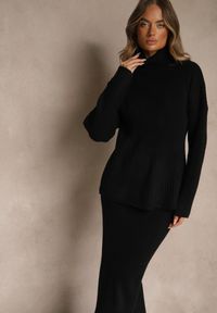 Renee - Czarny Komplet z Dzianiny z Wełną w Prążki Golf i Ołówkowa Spódnica Falirea. Kolor: czarny. Materiał: wełna, dzianina. Wzór: prążki