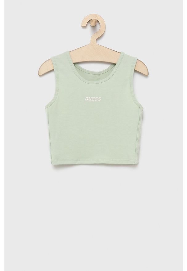 Guess top dziecięcy kolor zielony. Kolor: zielony. Materiał: materiał, dzianina, włókno. Długość rękawa: na ramiączkach