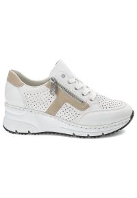 Białe Sneakersy Rieker Modne Buty Damskie. Okazja: na co dzień. Zapięcie: sznurówki. Kolor: biały. Materiał: skóra. Szerokość cholewki: normalna #6