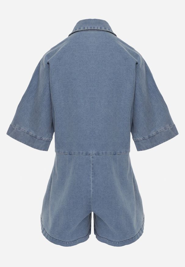 Born2be - Niebieski Krótki Kombinezon Jeansowy z Kołnierzykiem w Stylu Retro Aelixera. Okazja: na co dzień. Kolor: niebieski. Materiał: jeans. Długość: krótkie. Styl: retro