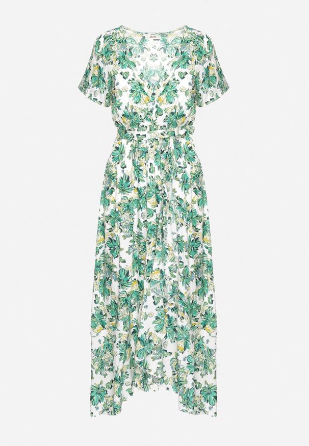 Born2be - Zielona Wiskozowa Sukienka o Rozkloszowanym Kroju z Gumką w Talii i Materiałowym Paskiem Vikletta. Kolor: zielony. Materiał: materiał, wiskoza. Długość rękawa: krótki rękaw. Typ sukienki: rozkloszowane. Styl: elegancki