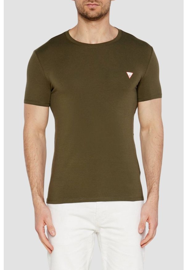 Guess - GUESS Zielony męski t-shirt z okrągłym dekoltem. Okazja: na co dzień. Kolor: zielony. Materiał: materiał, elastan, bawełna. Długość rękawa: krótki rękaw. Długość: krótkie. Styl: casual