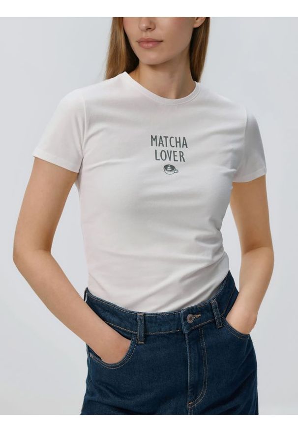 Reserved - T-shirt z nadrukiem - biały. Kolor: biały. Materiał: dzianina, bawełna. Wzór: nadruk