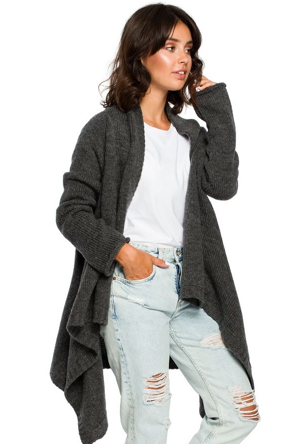 BE Knit - Sweter kardigan asymetryczna narzutka z wełną. Okazja: na co dzień. Materiał: wełna. Długość: długie. Styl: elegancki, casual