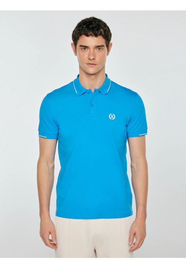 Big-Star - Koszulka męska polo niebieska Polian 401. Typ kołnierza: polo. Kolor: niebieski. Materiał: dzianina, bawełna. Wzór: haft, paski, ze splotem. Styl: sportowy