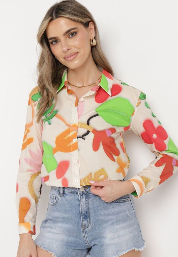 Born2be - Beżowo-Zielona Koszula z Bawełny w Abstrakcyjny Kwiatowy Print Bellamist. Okazja: na co dzień. Kolor: beżowy. Materiał: bawełna. Wzór: kwiaty, nadruk. Styl: casual, elegancki