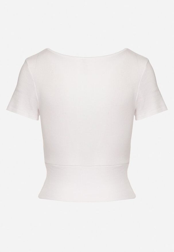 Born2be - Biały Prążkowany T-shirt z Bawełny z Dekoltem w Serek Filunira. Okazja: na co dzień. Typ kołnierza: dekolt w serek. Kolor: biały. Materiał: bawełna, prążkowany. Styl: elegancki, casual