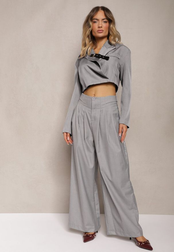 Renee - Szare Eleganckie Spodnie High Waist o Szerokim Kroju z Dodatkiem Wiskozy Irelivia. Okazja: na spotkanie biznesowe, do pracy. Stan: podwyższony. Kolor: szary. Materiał: wiskoza. Styl: elegancki