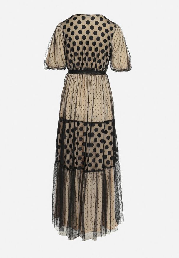 Born2be - Beżowo-Czarna Tiulowa Sukienka Maxi z Paskiem Falbankami i Bufiastymi Rękawami Zelari. Typ kołnierza: kołnierz z falbankami. Kolor: beżowy. Materiał: tiul. Długość: maxi