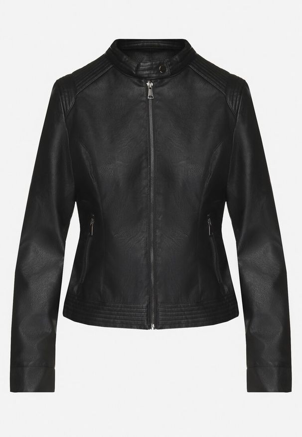 Born2be - Czarna Taliowana Kurtka Ramoneska ze Stójką w Motocyklowym Stylu Elovira. Okazja: na co dzień, na imprezę. Typ kołnierza: kołnierzyk stójkowy. Kolor: czarny. Materiał: jeans. Styl: casual, klasyczny