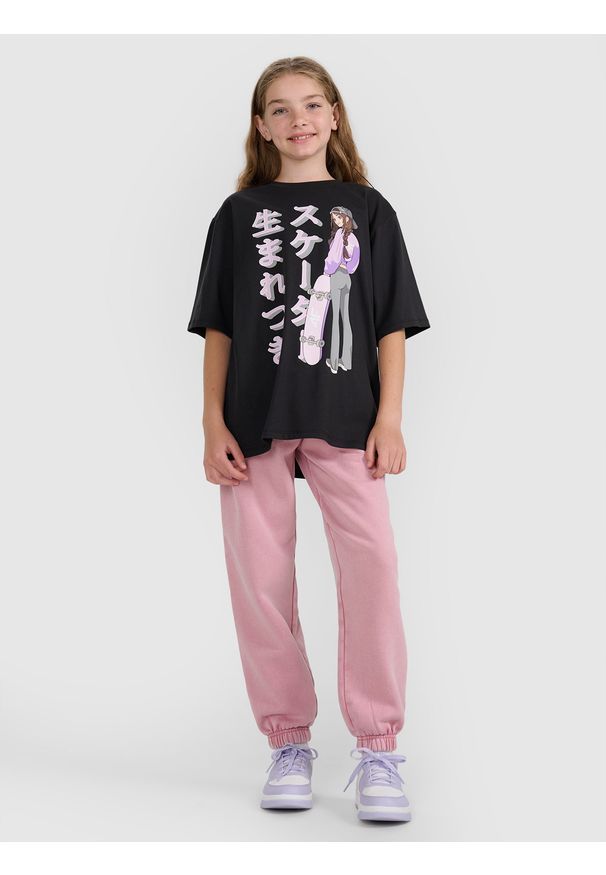 4f - 4F T-shirt oversize z nadrukiem dziewczęcy - czarny 140 (9-10 lat). Kolor: czarny. Materiał: skóra. Wzór: nadruk. Sezon: lato