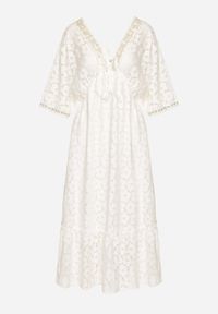 Born2be - Biała Koronkowa Taliowana Sukienka z Bawełną Gumką w Pasie i Wiązaniem przy Dekolcie Neleavia. Okazja: na co dzień, na imprezę. Typ kołnierza: dekolt w łódkę. Kolor: biały. Materiał: bawełna, koronka. Długość rękawa: krótki rękaw. Typ sukienki: proste. Styl: casual, elegancki #3