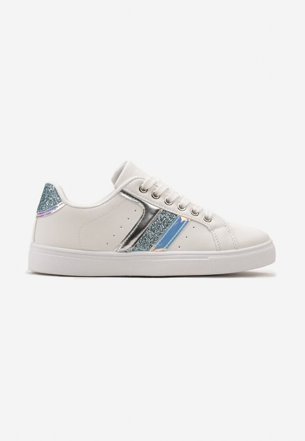 Born2be - Biało-Niebieskie Sznurowane Sneakersy z Ekoskóry z Metalicznymi Wstawkami i Brokatem Lirinea. Nosek buta: okrągły. Zapięcie: sznurówki. Kolor: biały. Materiał: materiał. Obcas: na obcasie. Wysokość obcasa: niski