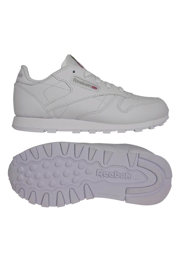 Buty do chodzenia dla dzieci Reebok Classic Leather. Zapięcie: sznurówki. Kolor: biały. Materiał: tkanina, materiał, skóra, syntetyk. Szerokość cholewki: normalna. Model: Reebok Classic. Sport: turystyka piesza