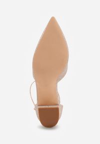 Renee - Złote Czółenka Vices na Słupku z Wkładką ze Skóry Naturalnej Ozdobione Paskiem Resilia. Okazja: na co dzień. Zapięcie: pasek. Kolor: złoty. Materiał: skóra. Wzór: aplikacja. Obcas: na słupku. Styl: casual, elegancki. Wysokość obcasa: średni #4