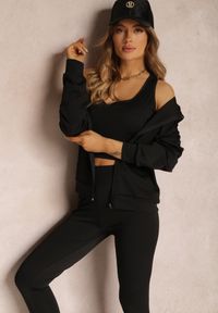 Renee - Czarny Komplet Dresowy 3-częściowy z Legginsami Bluzą i Topem Heri. Kolekcja: plus size. Kolor: czarny. Materiał: dresówka