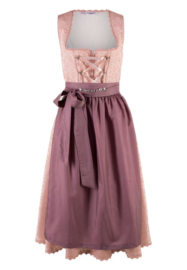 Sukienka ludowa z fartuchem, długość do łydki bonprix stary jasnoróżowy wzorzysty. Kolor: różowy. Materiał: koronka. Styl: retro