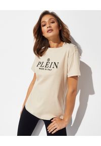 Philipp Plein - PHILIPP PLEIN - Beżowy t-shirt Iconic z biżuteryjnymi guzikami. Kolor: beżowy. Wzór: haft. Styl: elegancki, klasyczny