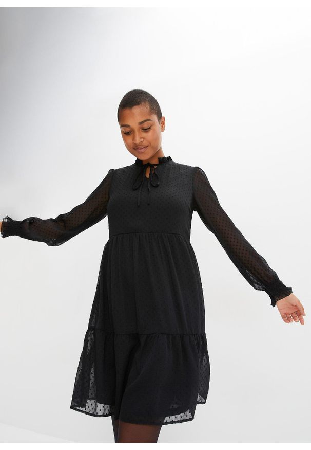 bonprix - Sukienka mini. Kolor: czarny. Materiał: szyfon. Długość: mini