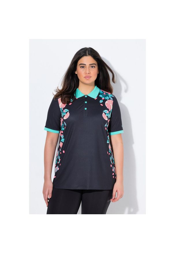 ULLA POPKEN - Damskie Koszulka polo funkcyjna kołnierz polo rękaw 1/2. Typ kołnierza: polo. Kolekcja: plus size. Kolor: czarny. Materiał: poliester, materiał, elastan