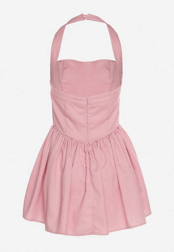 Born2be - Różowa Rozkloszowana Sukienka Vices z Paskiem na Szyję Nelimira. Okazja: na co dzień. Kolor: różowy. Wzór: aplikacja. Styl: elegancki, casual