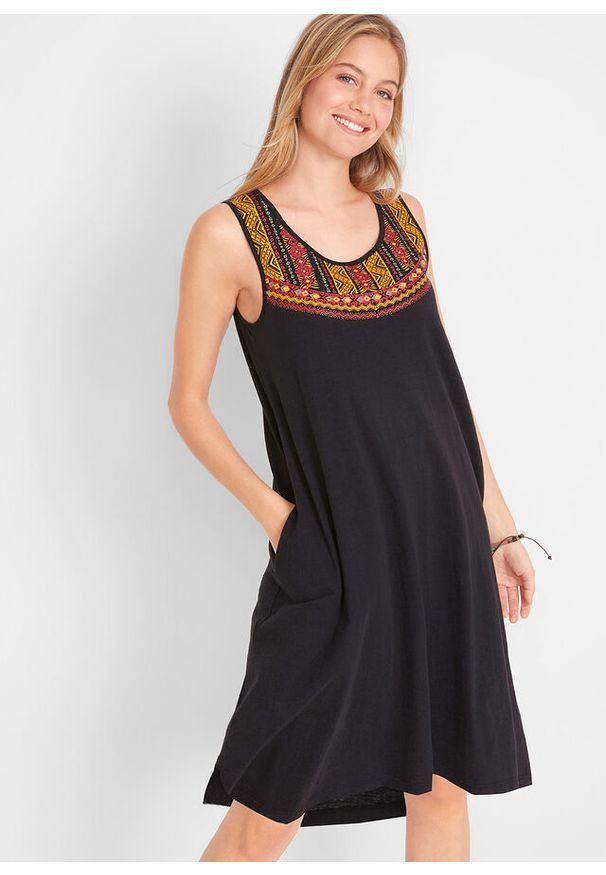 bonprix - Sukienka z dżerseju na ramiączkach. Kolor: czarny. Materiał: jersey. Długość rękawa: na ramiączkach. Typ sukienki: asymetryczne