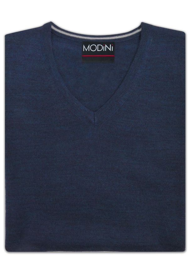 Modini - Granatowy sweter męski w szpic/serek SW78. Kolor: niebieski. Materiał: akryl, wełna, materiał