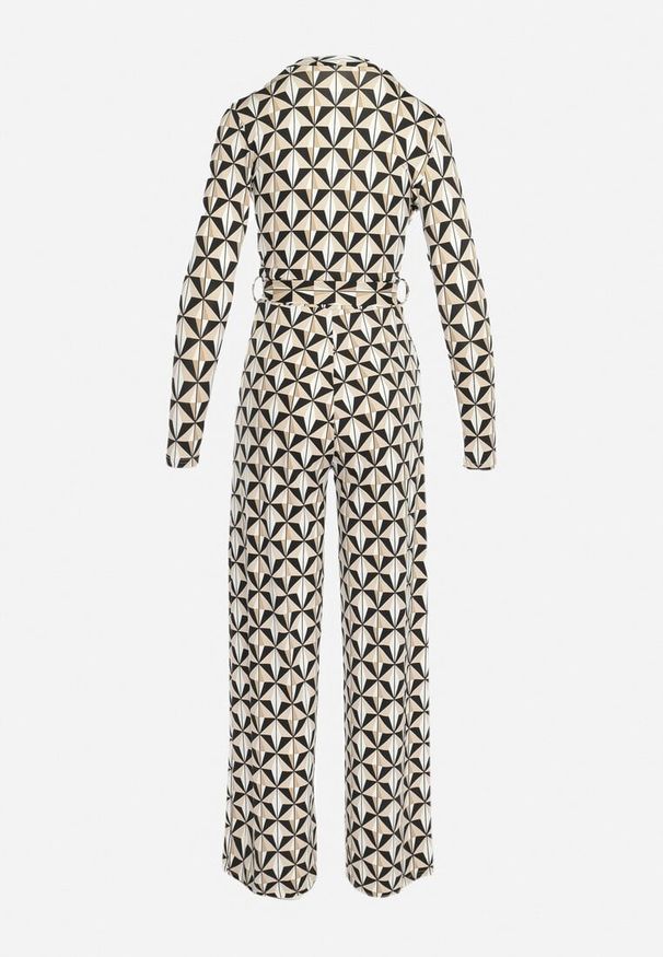 Born2be - Beżowo-Czarny Taliowany Kombinezon w Geometryczne Wzory z Materiałowym Paskiem Lirasea. Okazja: na co dzień. Kolor: beżowy. Materiał: materiał. Wzór: geometria. Styl: casual