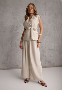 Renee - Beżowy Wiskozowy Komplet Garniturowy Spodnie Wide Leg i Kamizelka z Paskiem Elyenryl. Kolor: beżowy. Materiał: wiskoza #1