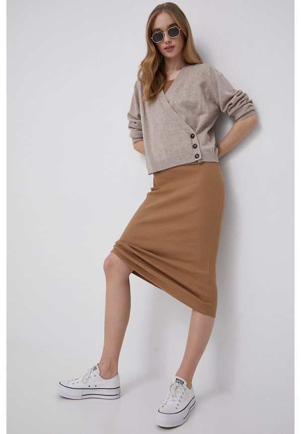 only - Only kardigan damski kolor beżowy lekki. Okazja: na co dzień. Kolor: beżowy. Materiał: dzianina. Styl: casual