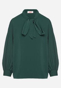 Born2be - Zielona Bluzka z Bufiastymi Rękawami i Wiązaniem przy Szyi Gonithra. Okazja: na co dzień. Kolor: zielony. Materiał: jeans. Styl: klasyczny, casual #7