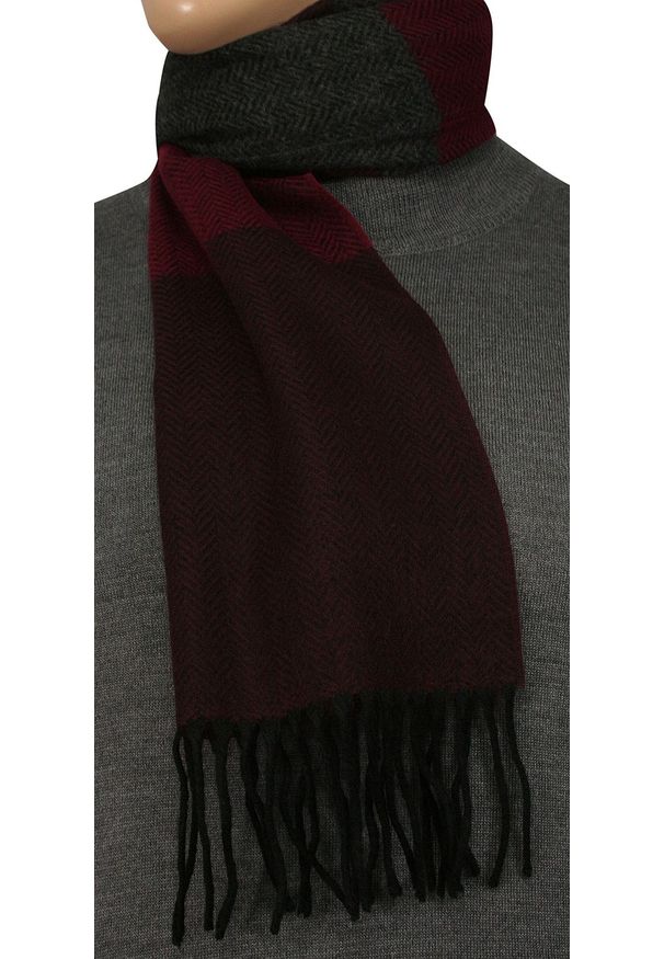 V. Fraas - Szalik Popielato-Czerwony w Jodełkę Ciepły, z Frędzlami -V.FRAAS- Jesienno-Zimowy, Męski. Kolor: czerwony. Materiał: poliakryl. Wzór: jodełka. Sezon: jesień, zima. Styl: elegancki, klasyczny