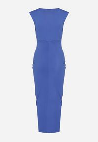 Born2be - Niebieska Sukienka Koktajlowa z Kopertowym Dekoltem Marszczeniem i Guzikami Tdivane. Kolor: niebieski. Typ sukienki: kopertowe. Styl: wizytowy #3