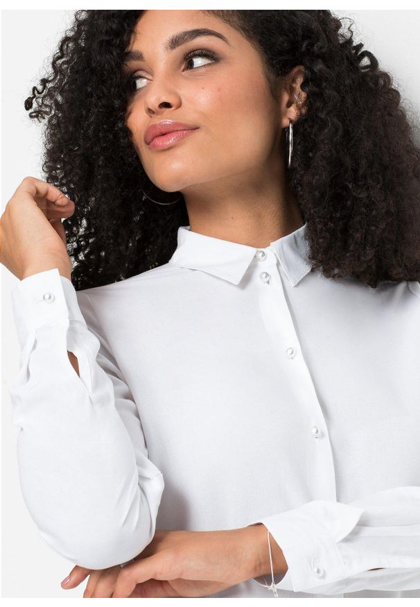 bonprix - Bluzka z czystej wiskozy. Typ kołnierza: dekolt w serek. Kolor: biały. Materiał: wiskoza. Długość: długie. Styl: elegancki