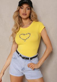 Renee - Żółty Koszulka T-shirt z Bawełny z Ozdobnym Nadrukiem Efita. Kolor: żółty. Materiał: bawełna. Wzór: nadruk. Sezon: lato
