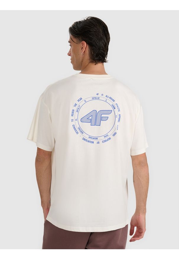 4f - 4F T-shirt oversize z nadrukiem męski - beżowy S. Okazja: na co dzień. Kolor: beżowy. Materiał: bawełna. Długość: długie. Wzór: nadruk. Styl: casual
